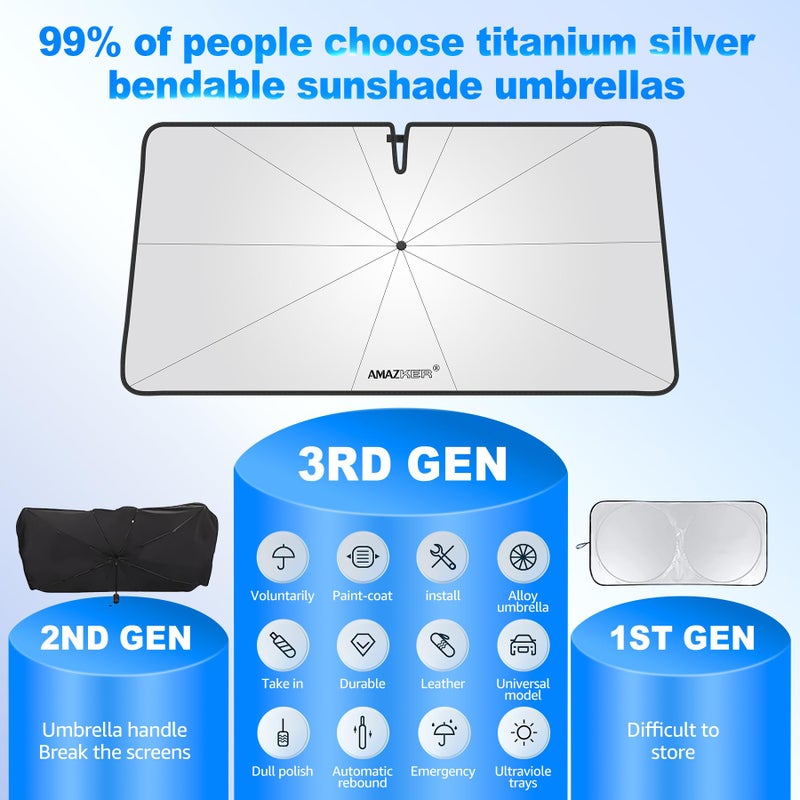 AMAZKER [2025 Upgrade] Car Windshield Sun Shade Umbrella - [10 Fiberglass Ribs][360 Bendable][100% Sun Block] [240T Thickened Titanium Silver ] Ice-Shield Protect Car from Sun Rays Heat Damage 57"" x 31"" - Image 2